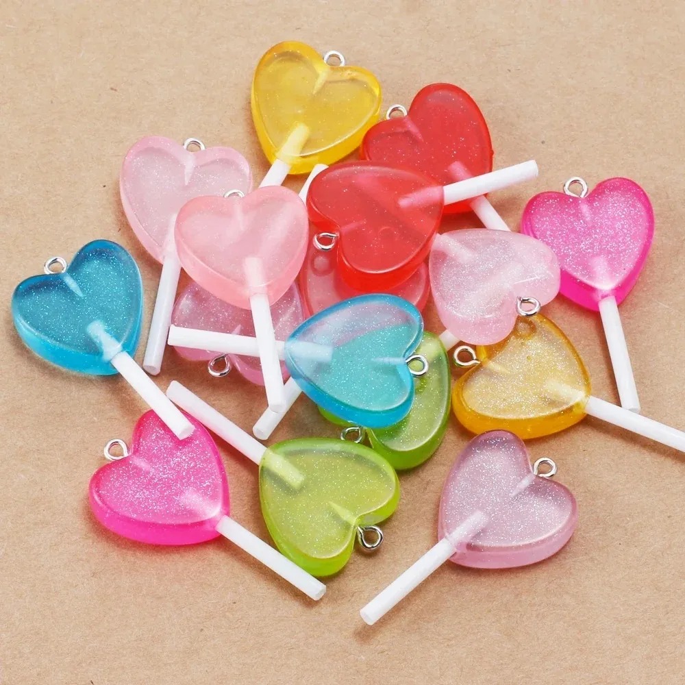 Resin Art Notes - 10Pcs Kawaii Sparkly Heart Lollipop Resin